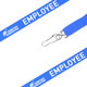A blue poly ribbed lanyard with a metal clip and a logo, featuring the word "EMPLOYEE" printed on it.