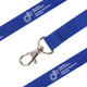 A blue poly ribbed lanyard with a metal clip and a logo.