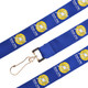 A blue poly ribbed lanyard with a branding logo and a metal clip for attachment.