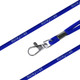 A blue poly rope lanyard featuring a metal clip and a logo along its length.