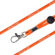 An orange poly rope lanyard with a clip and logo detail.
