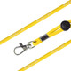 A yellow poly rope lanyard featuring a clip attachment and a branding logo along the strap.