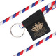 A red, white, and blue poly rope lanyard with a black attachment and a ring for holding items.