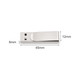 A metal clip flash drive in silver, featuring a sleek design with embedded storage dimensions.