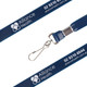 A navy blue full PVC lanyard with a metal clip and branding.