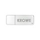 A silver flash drive with a branded logo, featuring a sleek, rectangular design.
