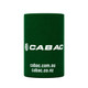 A green stubby holder with a logo and text, designed for drinkware.