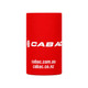 A red stubby holder featuring a logo and text, designed to keep drinks insulated.