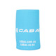A drink bottle holder in light blue with a white branding logo on the front. It has a base for stability.