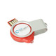 A red and silver epoxy doming light-up flash drive with a circular design and a logo on its surface.