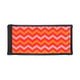 A drink bottle holder featuring a vibrant orange and pink chevron pattern, with a black trim and a logo.