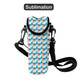 A drink bottle cooler with a colourful geometric pattern, featuring a strap and a logo.