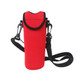 A drink bottle cooler in vibrant red with black accents and a detachable strap. It features a logo on its surface. A drink bottle cooler in vibrant red with black accents and a detachable strap. It features a logo on its surface.