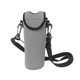 A drink bottle cooler in grey, featuring a black strap and clip for easy carrying. It has a logo on the side. A drink bottle cooler in grey, featuring a black strap and clip for easy carrying. It has a logo on the side.