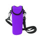 A drink bottle cooler in vibrant purple with a strap and a hook for easy carrying. Features a logo.
