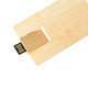 A wooden credit card flash drive in a natural finish, featuring a retractable USB connector.