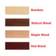 A range of wooden credit card flash drives in bamboo, walnut, maple, and red wood, each with a smooth finish and branding.