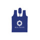 A blue foldable shopping tote bag featuring a logo and a closure mechanism at the top.