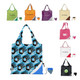 A variety of foldaway shopping bags in multiple colours, featuring different designs and a storage pouch for compactness.