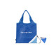 A blue reusable shopping bag with a light blue accent and a attached pouch for foldaway storage. It has a logo.