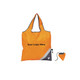 An orange foldaway shopping bag with a grey accent, featuring a logo. It can be compactly stored in a small pouch.