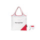 A foldable shopping bag in white with red accents, featuring a logo and a small pouch for storage.