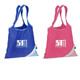 A blue and a pink foldaway shopping bag, each with a logo, featuring long handles for easy carrying.