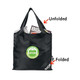 A foldable shopping bag in black with a visible logo and items inside, displayed in both unfolded and folded states.