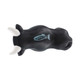 A black bull-shaped stress reliever with white horns and a logo on its side.