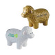 A gold and a white sheep-shaped stress reliever, each with textured details and a logo on the white one.