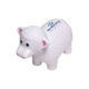 A white sheep-shaped stress reliever with a textured surface and a logo on its side.