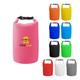 A pink waterproof dry bag with a logo, surrounded by dry bags in orange, yellow, blue, teal, black, green, and white.