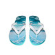 A pair of rubber thongs featuring a blue water design and white straps, with a logo on the sole.