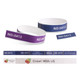 Tabbed disposable Tyvek wristbands in purple and white with a textured design, featuring various sizes and a logo.