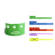 A selection of tabbed disposable PVC wristbands in various colours including green, blue, red, purple, and yellow.
