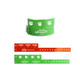 A green and orange tabbed disposable PVC wristband with circular cutouts and a logo, designed for events.