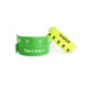 Green PVC wristbands with tabbed closures, featuring a logo and icons, designed for events and exhibitions.