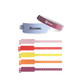 A collection of disposable PVC wristbands in various colours, including pink, orange, yellow, and a blue one with a logo.