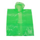 A green poncho made of plastic, featuring a hood and a simple design, with a logo on the front.