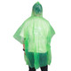 A green poncho with a hood, featuring a logo on the back, made from lightweight plastic material.