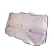 A large silver car shade umbrella featuring a logo, designed for sun protection outdoors.