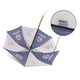 A blue and white RPET umbrella with a straight handle and various logos on the panels.