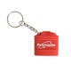 A red PVC keyring in the shape of a container with a metal keychain, featuring a logo.