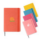 A5 PU cover notebook in coral, pink, yellow, and blue colours, featuring various logos.