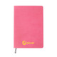 A5 PU cover notebook in pink with a logo on the front and a silver ribbon bookmark.