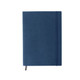 A blue B5 PU cover notebook with an elastic band and a ribbon bookmark, featuring a logo on the front.