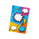 A5 notebook with a vibrant comic-style design featuring blue, yellow, and pink sections, and a spiral binding.