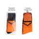 Bright orange football socks with a towel bottom, presented in standard packaging and featuring a custom header card.