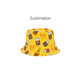 A yellow bucket hat with a vibrant beer can pattern and a logo. Suitable for outdoor wear.