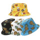 A full-size sublimation bucket hat collection, featuring yellow with beer print, and black, white, and blue with pineapple patterns.